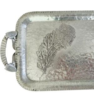 Vintage tray 1940’s hand wrought metal Chrysanthemum floral breakfast, candle